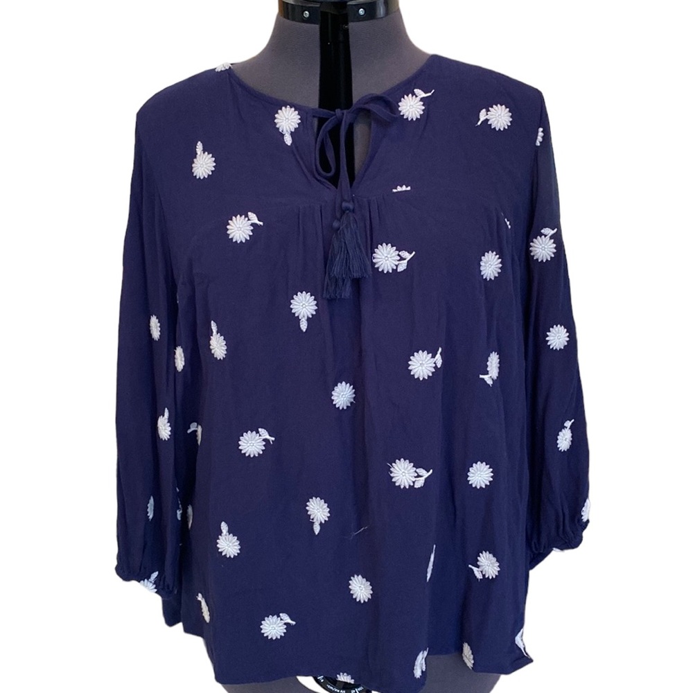 SKIES ARE BLUE Curvy Flowy Floral Blue/White Embroidered Peasant Top Size 1X